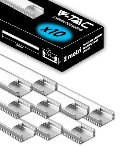 V-TAC 10x Profili per Strisce Led da 2 METRI Rettangolari in Alluminio - (20m Totali) - Copertura Opaca - Ingombro max 12,4 mm - Dimensioni 17,4 x 7 mm