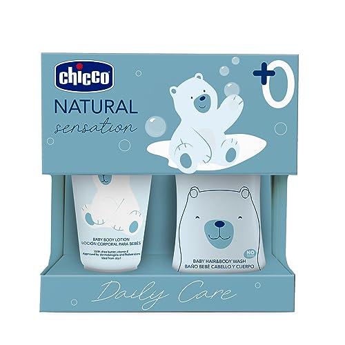 CHICCO Set Cosmetico Natural Sensation con Bagno Shampoo Senza Lacrime 200 ml e Crema Corpo 150 ml per bambini, Idea regalo