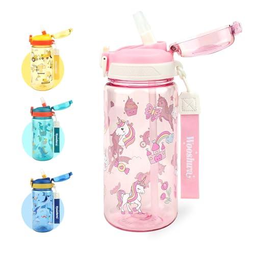 Wooshwa Pop-up Borraccia Bambini per la Scuola,600 ml Borraccia con Cannuccia Bambini, Priva di BPA e Lavabile in Lavastoviglie (Unicorno Rosa Bambina)