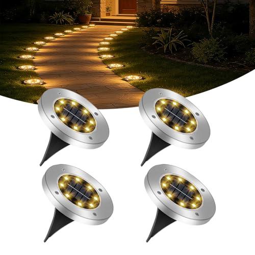 Caldarax 4 Pezzi Luci Solari Giardino Esterno, 8 LEDs Faretti Led Solari Luce Sepolta IP65 Impermeabile, Bianco Caldo Lampade Solari da Esterno da Terra per Prato, Vialetto, Scala, Paesaggio