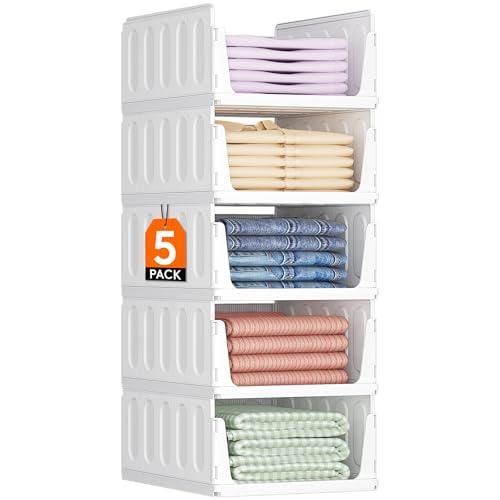 Lifewit Organizer Armadio Interno, 5 Pezzi Impilabili Contenitori per Vestiti, Contenitori con Cassetti Salvaspazio Estraibile, Scatole Portaoggetti per Cucina, Bagno e Camera da Letto, 24L, Bianco