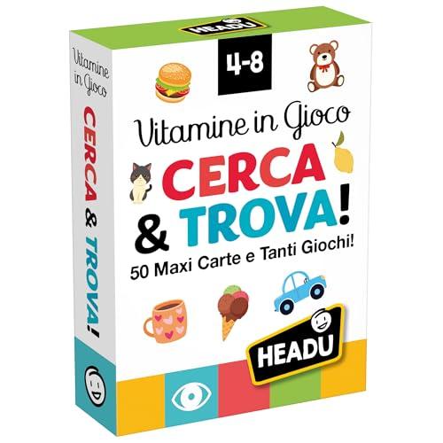 HEADU - Carte Vitamine in Gioco Cerca & Trova -50 Maxi Cards e Tanti Giochi |Carte Illustrate Bambini 4-8 anni, Giochi di Osservazione e Memoria, Attenzione e Concentrazione, Idea Regalo Natale Pasqua