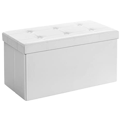SONGMICS LSF106 - Cassapanca con Contenitore di 80 Litri, Pouf Poggiapiedi, Sgabello Pieghevole, Capacità di Carico di 300 kg, in finta pelle, Seduta Imbottita, Bianco, 76 x 38 x 38 cm