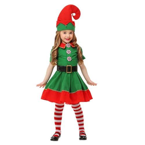 Generico Natale Costume Elfo Bambini Ragazze Adolescenti Cosplay 4PC Outfit Set Costume da Elfo Vestiti Festivo Costumes Christmas Abiti Festa Completo Natale Bambini Ragazza (Green, 7-8 Years)