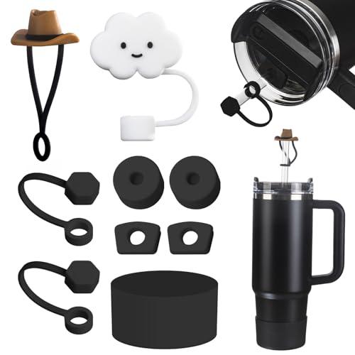 FOSFUKEER Stanley Cup, set di accessori contiene 6 tappi in silicone a prova di perdite, 2 coperchi in paglia, 1 custodia in silicone per Stanley Cup da 1,2 l e 850 ml, coppe non incluse (nero)