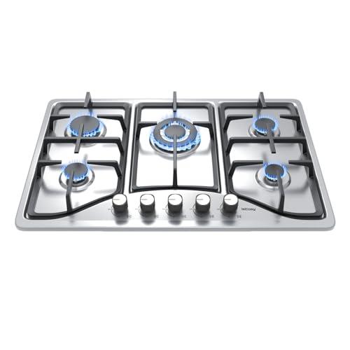 Piastra di Cottura a Gas a 5 Fuochi, 73cm Piano Cottura a Incasso, Per Gas Naturale/Propano, Sicurezza Tramite Termocoppia, Acciaio Inossidabile