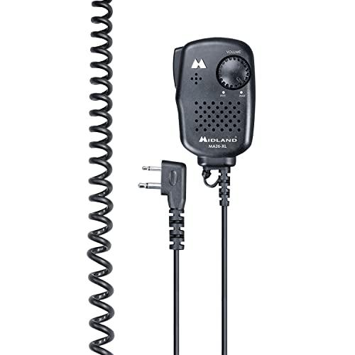 Midland - Microfono Altoparlante MA26-XL per Walkie Talkie, Controllo Volume Integrato, Connettore L 2 Pin, Solo PTT per Trasmissione Precisa, Cavo Spiralato, Compatibile Radio Serie G7 G9 XT e XT Pro