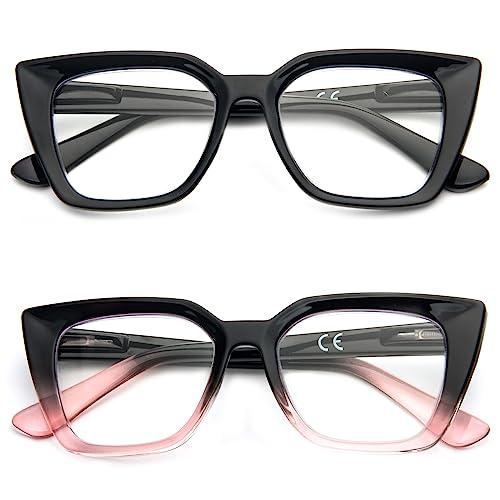 Kodilin 2 Pack Occhiali da lettura donna Oversized Square Anti Luce Blue Computer Lettori Uomo con cerniera a molla (+2.0, nero e nero rosa)