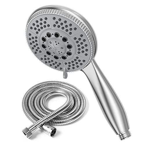 Vinabo Soffione Doccia + 1.5m Tubo Flessibile Acciaio, 5 Funzioni Getti, Multifunzionale ad Alta Pressione, ABS Cromato Spruzzo, Anticalcare, con Ugello