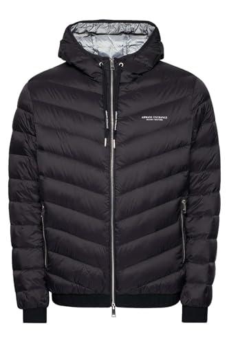Armani Exchange Giacca Trapuntata con Cappuccio e Cerniera, Logo Milano/New York, Nero/Melange Grigio B, M Uomo