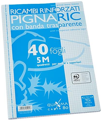 Pigna 02194595M, Ricambio con Banda Rinforzata, Rigatura 5M, quadretti 5 mm per medie e superiori, Carta 80g/mq, Pacco da 40 Fogli
