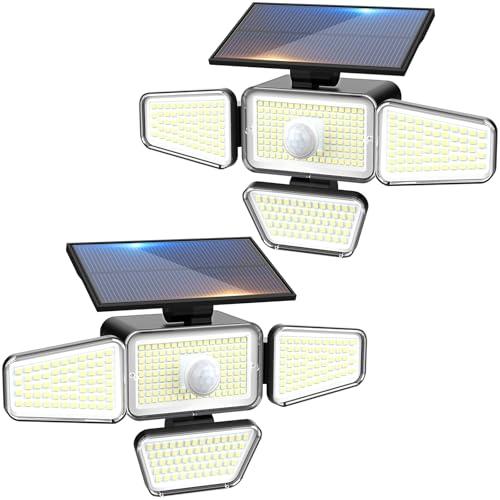 Peasur 2 Pezzi Faretto Led da Esterno Solare, 318 LED Luce Solare con Sensore di Movimento, 4 Testa 3 Modes Impermeabile Faretti Solari, Luci Solari per Giardino Garage Parete