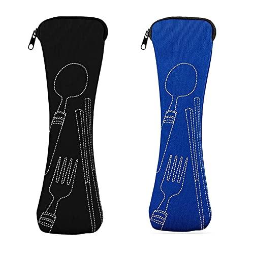 Mnsconkl Borsa per posate da viaggio, 2 pezzi, in neoprene, vuota con chiusura lampo, posate da campeggio, lavabile a scuola, picnic, posate da viaggio, colore nero, blu
