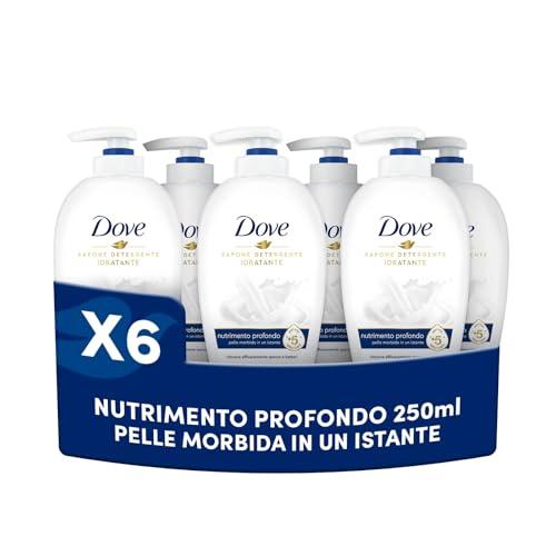 Dove, Sapone Liquido Mani Nutrimento Profondo, Sapone Detergente Mani Idratante, Rimuove con Efficacia Sporco e Batteri, con +5 Agenti Idratanti, Formula 99% Biodegradabile, 6 pezzi da 250ml
