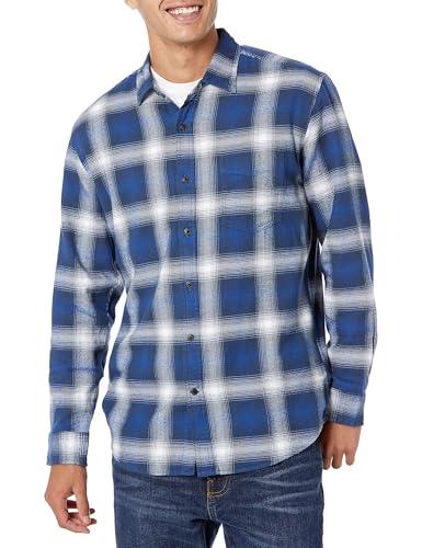 Amazon Essentials Camicia in flanella a maniche lunghe Uomo, Blu Bianco Motivo Quadri Grandi, L