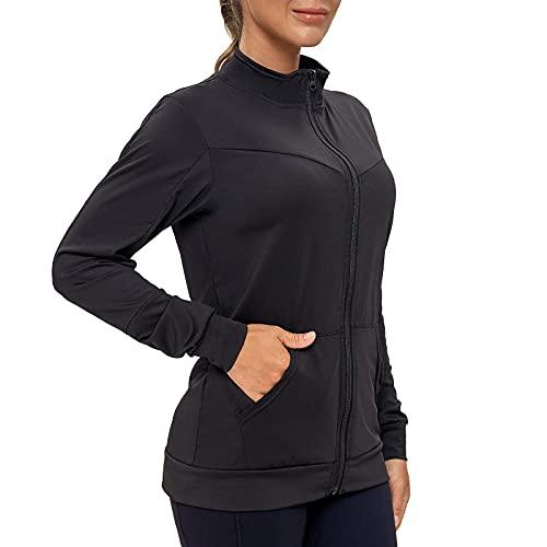 AMZSPORT Donna Felpa Sportiva Giacca da Running a Manica Lunga con Tasche per Fitness Palestra, Nero S