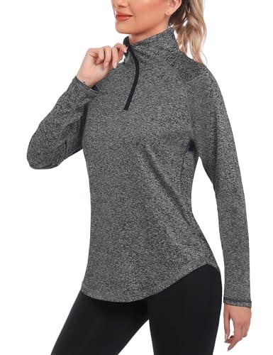iClosam Maglia Sportiva Donna Manica Lunga Maglia Tecnica Trekking con Mezza Zip Maglietta da Corsa Traspirante Maglie Running Leggera Grigio M