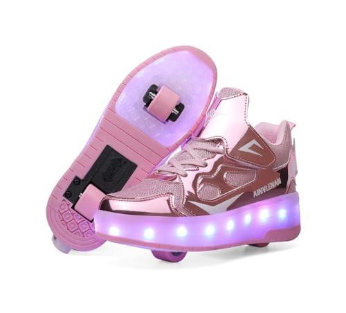 Scarpe da Ginnastica per Bambini, Scarpe da Skateboard a Due Ruote, Luce a Cambio Colore Regolabile, Ricarica USB, Universale per Ragazzi e Ragazze,Rosa 29 EU.