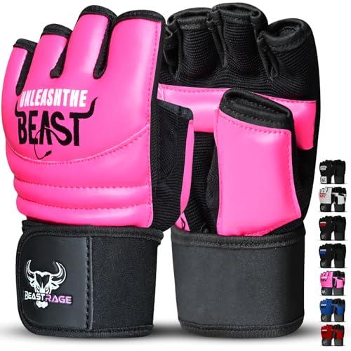 BEAST RAGE Punch Bag Taekwondo Karate Guanti per uomini e donne, Mezzo dito MMA Kickboxing Sparring Arti Marziali Boxe Guanti di formazione - Allenamenti leggeri, Muay Thai (Pink, M)