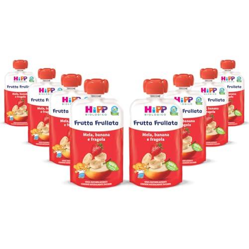 HiPP - Frutta Frullata Bio per Bambini, Purea 100% Frutta al Gusto Mela, Banana e Fragola, Senza Zuccheri Aggiunti, 8 Confezioni da 90 g