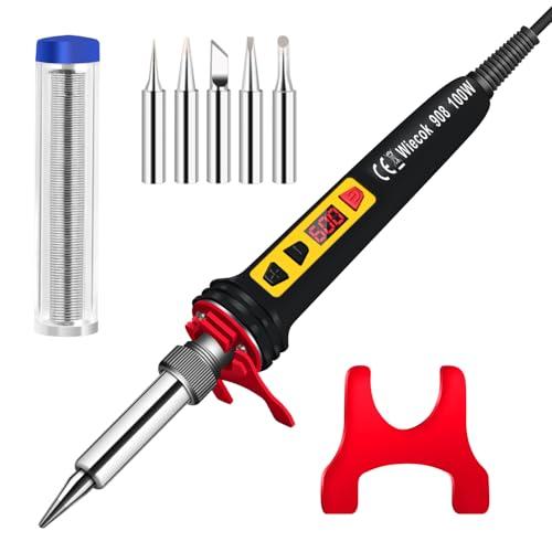 100W Kit Saldatore a Stagno, Wiecok Saldatore Digitale con Schermo LCD e Temperatura Regolabile 200℃-600℃, Interruttore ON/OFF, 5 Punte per Saldatura, 15g Filo per Saldatura- Nero