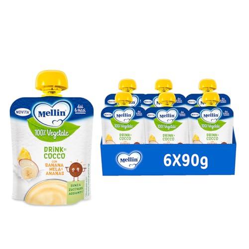 MELLIN Merenda 100% Vegetale,Pouch Cocco, gusto Mela Banana e Ananas 90g, Senza Zuccheri Aggiunti - 6 Confezioni da 90g