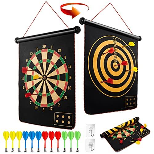LiRiQi Set di Bersaglio Freccette Magnetici per Bambini, Bersaglio per Freccette a Doppio Lato, Giochi da Interno ed Esterno per Bambini con 12 Freccette, Regalo Giocattolo ragazzi adolescenti, 38cm
