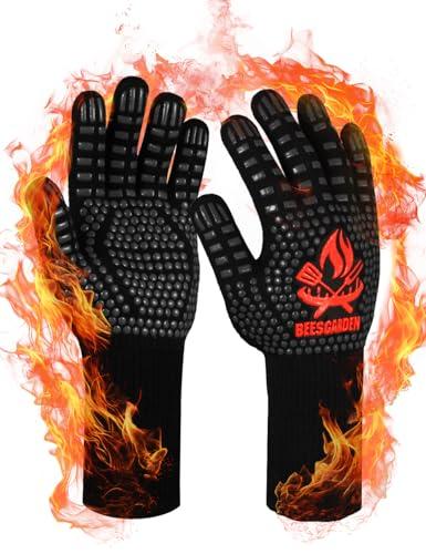 Beesgarden Guanti Barbecue da Forno Resistenza al Calore Fino a 800°C, Silicone Antiscivolo Superficie, Accessori BBQ Ingnifughi per Griglia, Camino, Cottura al Forno, Cucina (Nero, X/XL/XXL)