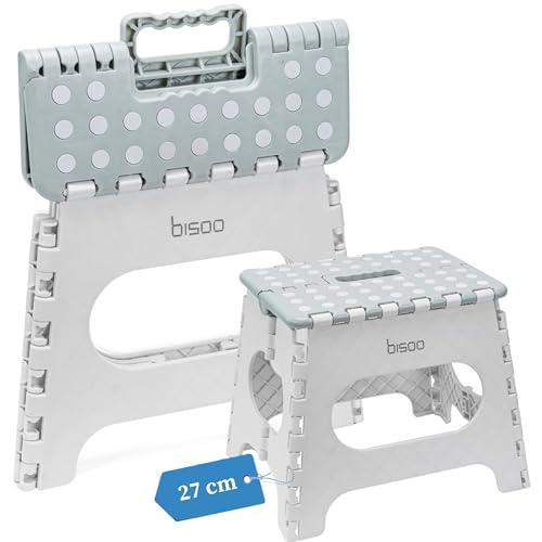 BISOO Sgabello Pieghevole - Sgabello Bambini per Bagno e Cucina - Sgabello Portatile in Plastica - Sgabelli Pieghevoli con Colori Carini e Resistenti Fino a 150kg - Altezza 27 cm Grigio Salvia