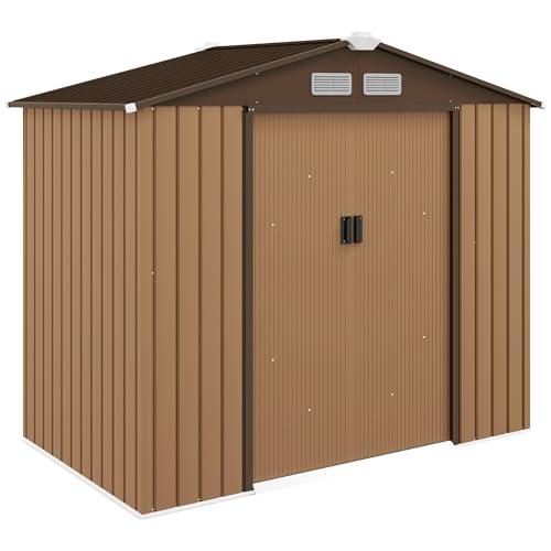 Outsunny Casetta da Giardino 2.5m² in Acciaio Zincato con Basamento e Prese d'Aria, Capanno Porta Attrezzi con Tetto Inclinato, Doppie Porte Scorrevoli Bloccabili, 213x130x185 cm, Giallo