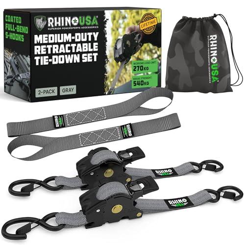 Rhino USA Cinghie di ancoraggio a cricchetto retrattili : resistenza alla rottura massima di 540 kg, include (2) cinghie di ancoraggio retrattili automatiche da 2,5 cm x 3 m con manici imbottiti.