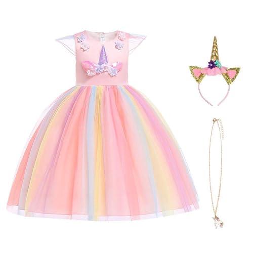 URAQT Ragazza Vestito Unicorno, Ruffles Fiori Festa Cosplay Abito da Sposa Carnevale Ballo Abito Festa di Compleanno Vestito della Principessa per Bambine,130CM