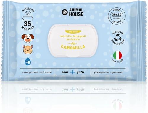 Animal House Salviette Profumate 35 PZ: Salviette Umidificate Ipoallergeniche e Biodegradabili per la Pulizia Quotidiana di Cani e Gatti (CAMOMILLA)