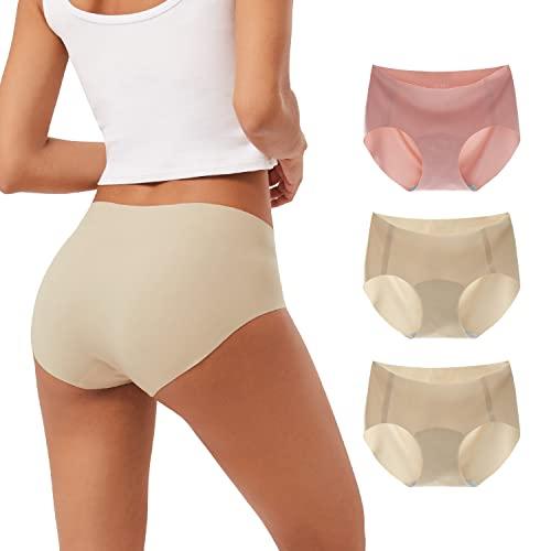 INNERSY Mutande Senza Cuciture Donna Slip Vita Media Microfibra Culotte Invisibile Pacco da 3 (M, 2 Beige, 1 Rosa)