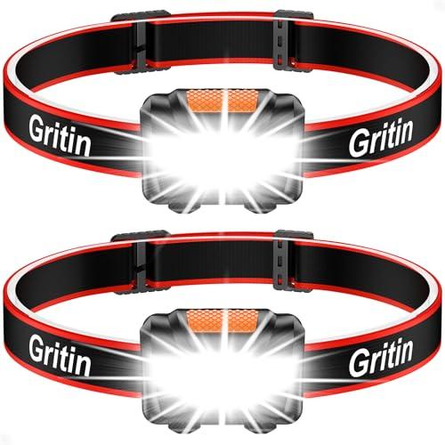 Gritin Lampada Frontale, [2 Pezzi] Super Luminosa Torcia Frontale LED con 3 Modalità di Illuminazione, IPX5 Impermeabile e Leggero Lampada da Testa per Campeggio, Corsa, Pesca (6 Batterie Incluse)
