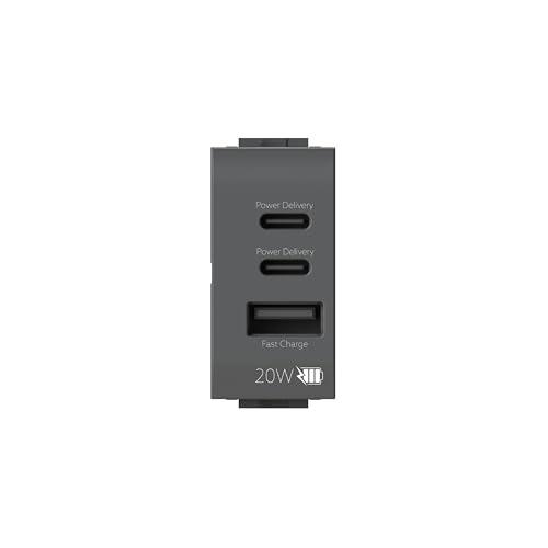 4box - Alimentatore USB CCA 20W compatibile Bticino® LivingLight™, per caricare i tuoi dispositivi senza bisogno di alimentatori. 3 connettori: due di tipo C e uno di tipo A. Colore Antracite