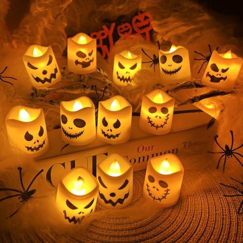 Candele LED di Halloween,Lanterne Halloween Decorazioni Tavola con Espressione Strana,Decorazioni Halloween Giardino,Halloween Zucca Luminosa,Candele Halloween di Cera