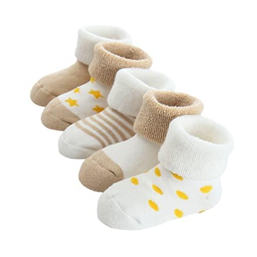 FedMois 5 Paia Calzini Cotone Invernali Termici Neonati Bambini, Beige, 0-6 mesi