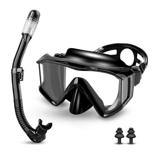 Set per Snorkeling Adulti con Maschera e Boccaglio,Occhialini da Sub panoramici a 180°,Maschera da Snorkeling Antiappannamento e Anti-Perdite,Set da Snorkeling per Snorkeling e Immersioni (Nero)