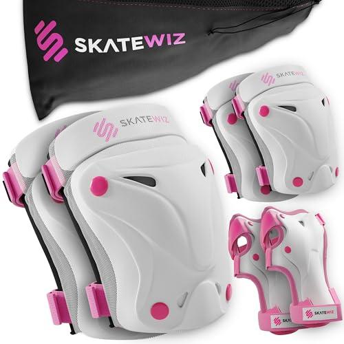SKATEWIZ Polsiere Pattinaggio Adulto - Polsiere Pattinaggio Adulto - Protezioni Pattini Bambina - Ginocchiere Bambino Skateboard, BMX, Roller - PROTECT-1 - L Rosa