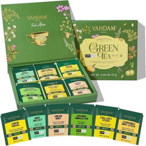 VAHDAM, Tè Verde Assortito (6 Gusti, 36 Bustine Piramidali) - The Assortiti - The Verde in Foglie Lunghe | Confezione Regalo per Donna e Uomo