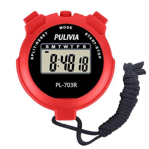 PULIVIA Cronometro Sportivo con Orologio, Calendario, 12/24 Ore con Allarme, Ampio Display, Adatto per Allenamento Sportivo, Attrezzatura per Allenatori, Rosso