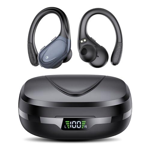 Cuffie Bluetooth, Sport Auricolari Bluetooth 5.3 con Gancio per Orecchio, 60H con Indicatore LED per Cassa di Ricarica, Chiamata ENC HD, Vestibilità Comoda, Basso Profondo, IPX7 Impermeabile(Nero).
