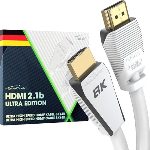 KabelDirekt - Cavo HDMI 2.1 8K, Edizione Gamer Certificata - 2 m (Ultra High Speed/48G per 10K, 8K@60Hz o 144 Hz Ultra Veloci a 4K, Ottimale per PS5/XBO e PC da Gioco, Monitor/TV, Bianco)