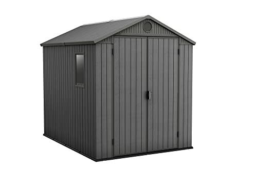 Keter Darwin - Capanno da giardino a doppia porta, 1,8 x 2,4 m, effetto legno Evotech+, non sbiadisce, resistente alle intemperie, sicuro e sicuro, nessuna manutenzione