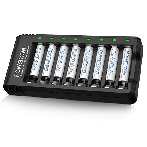 Batterie Ricaricabili AAA, POWEROWL 8 Pezzi 1000 mAh Batterie 1,2V Ni-MH 1200 cicli Alta Capacità con Caricabatterie 8 Slot (Ricarica Rapida USB, Slot Indipendente)