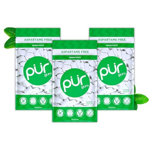 PUR Gum, Gomma Da Masticare Senza Zucchero, Con Xilitolo, Vegana, Senza Aspartame e Senza Glutine, Gomma Naturale Al Sapore Di Spearmint, 55 Pezzi, Confezione da 3