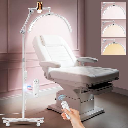 Diesisa Lampe Demi Lune Extension De Cils: Lampadaire à Cils avec Support de Téléphone - Base Roulante -360° Rotative Tête- Luminosité et Hauteur Réglable pour extensions de cils et tatouages-Blanc