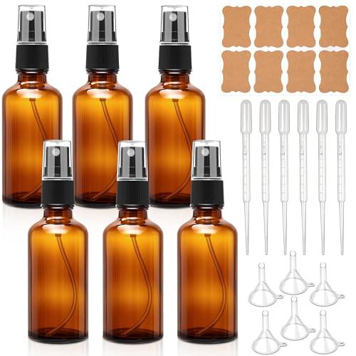 Set 6 bottiglie vetro ambrato spray 50ml con contagocce e mini imbuto per oli essenziali acqua profumi liquidi da viaggio