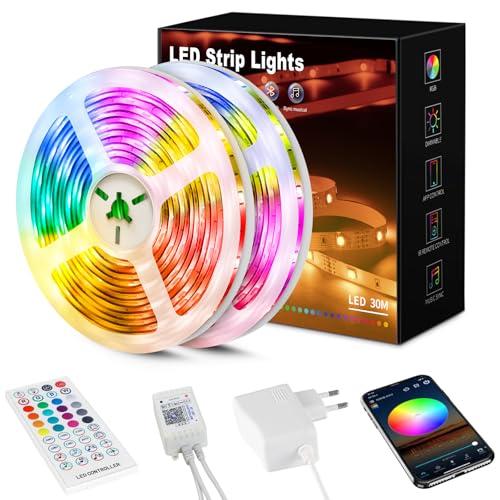 Beaeet Striscia LED 30 Metri, Luci LED 5050 RGB per Camera, con Telecomando a 40 Tasti e Controllo tramite APP Bluetooth, Ideale per Natale, Matrimoni e Feste (15m*2)